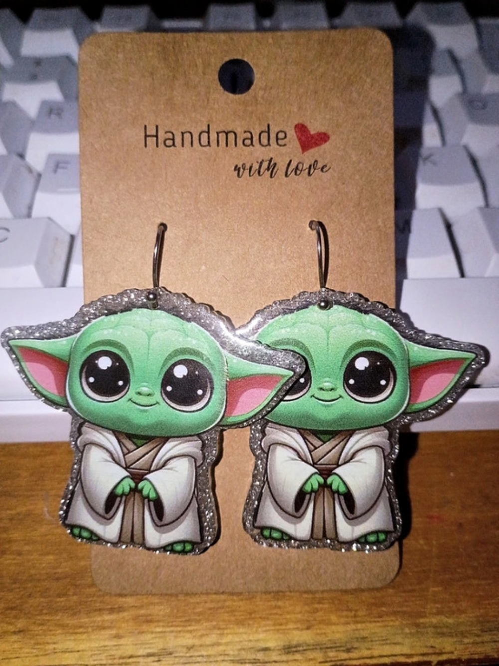 Silver Glitter Star Wars Baby Yoda Character Green Fashion Earrings